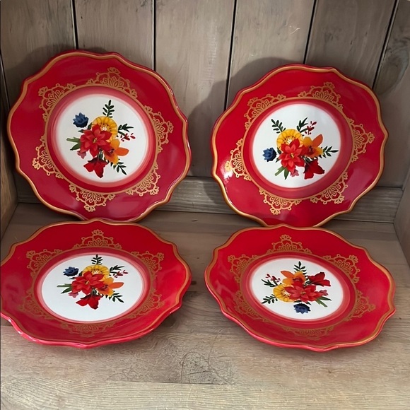 Pioneer Woman “Winter Bouquet “ Floral Red and Gold Dessert Plates Set of 4 NWT - Picture 1 of 6